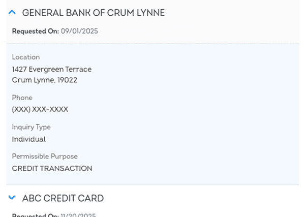 Credit report example displaying regular inquiries, including recent requests for credit information from lenders or other authorized organizations.