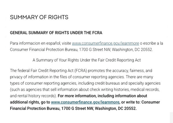 Credit report example displaying the Summary of Rights, which explains consumer protections and rights under credit reporting laws.
