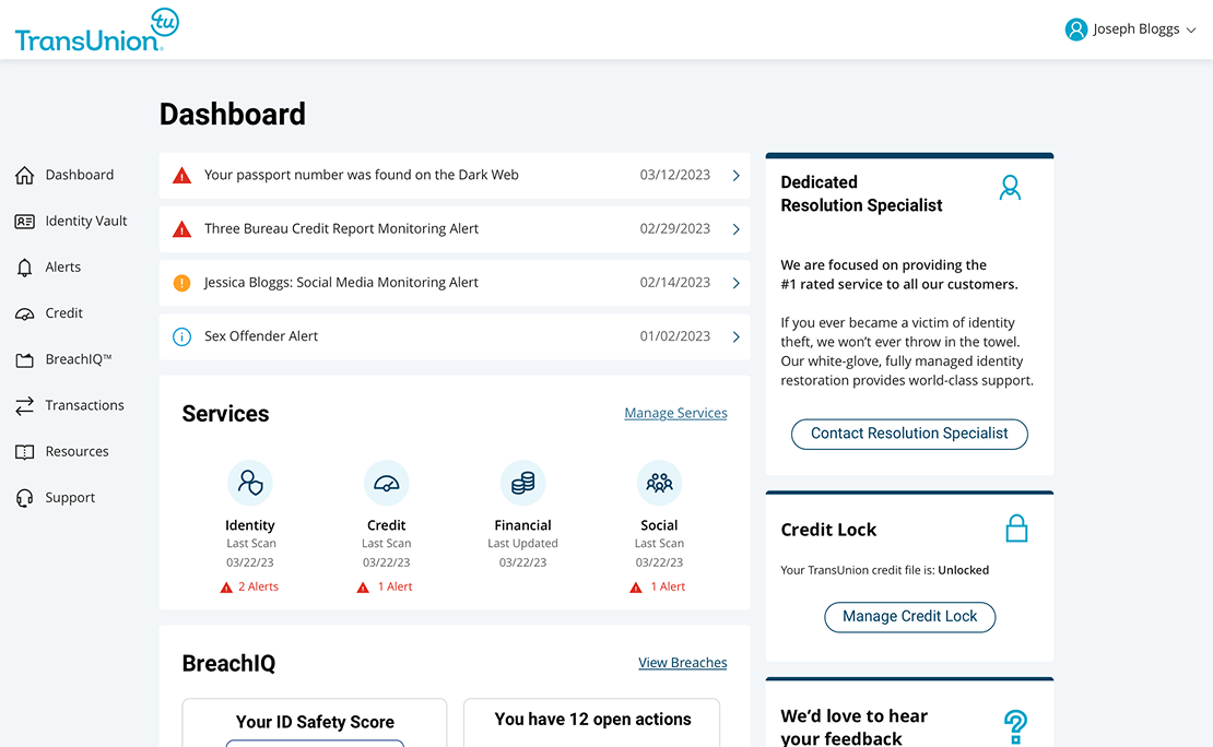 TransUnion Identity Protection Dashboard