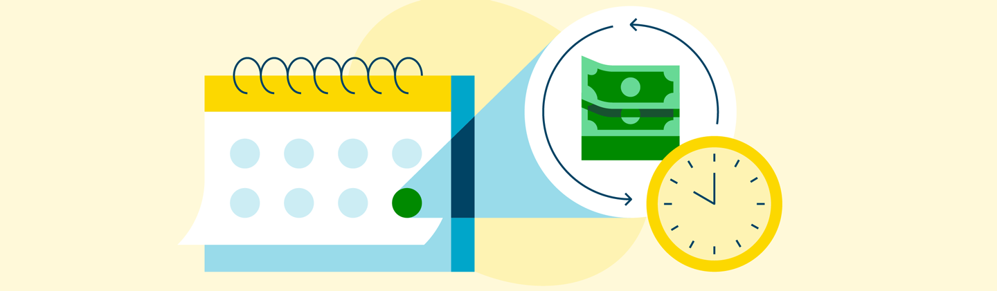 Calendar, clock, and money icons illustrating when to refinance a mortgage