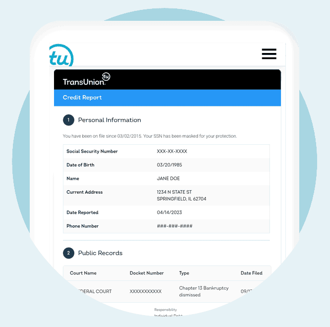 Illustrated credit report example highlighting the sections of a credit report, including personal information, account history, inquiries, and public records