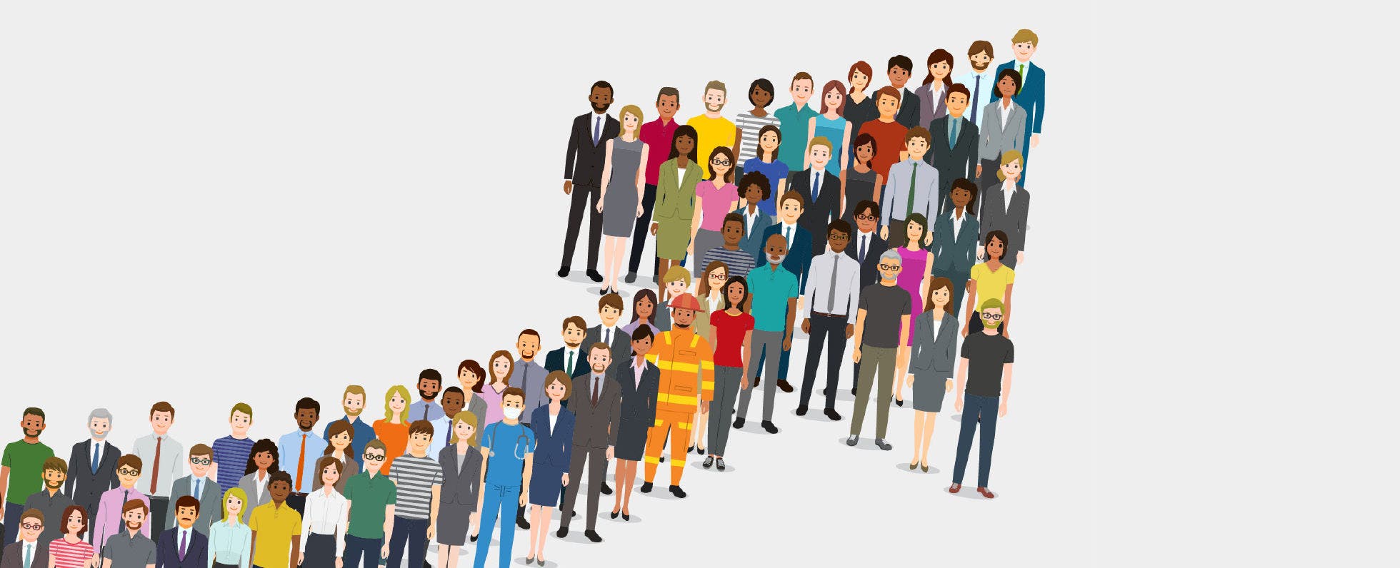 Illustration of a large group of people standing in the shape of an arrow.