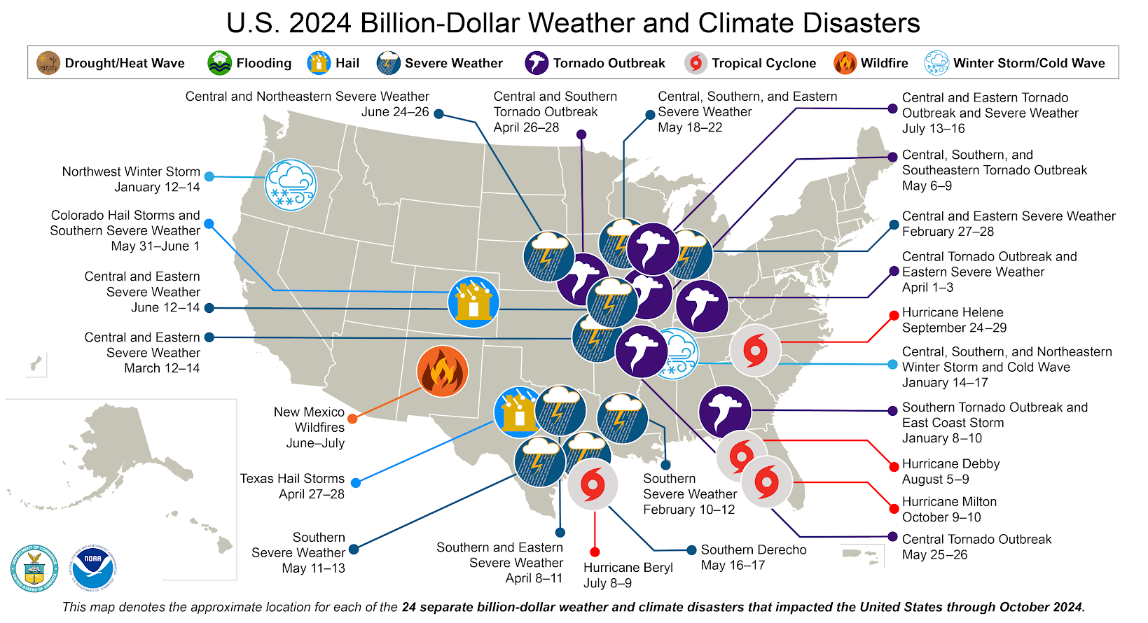 US 2024 Billion Dollar Weather and Climate Disasters-NOAA Map