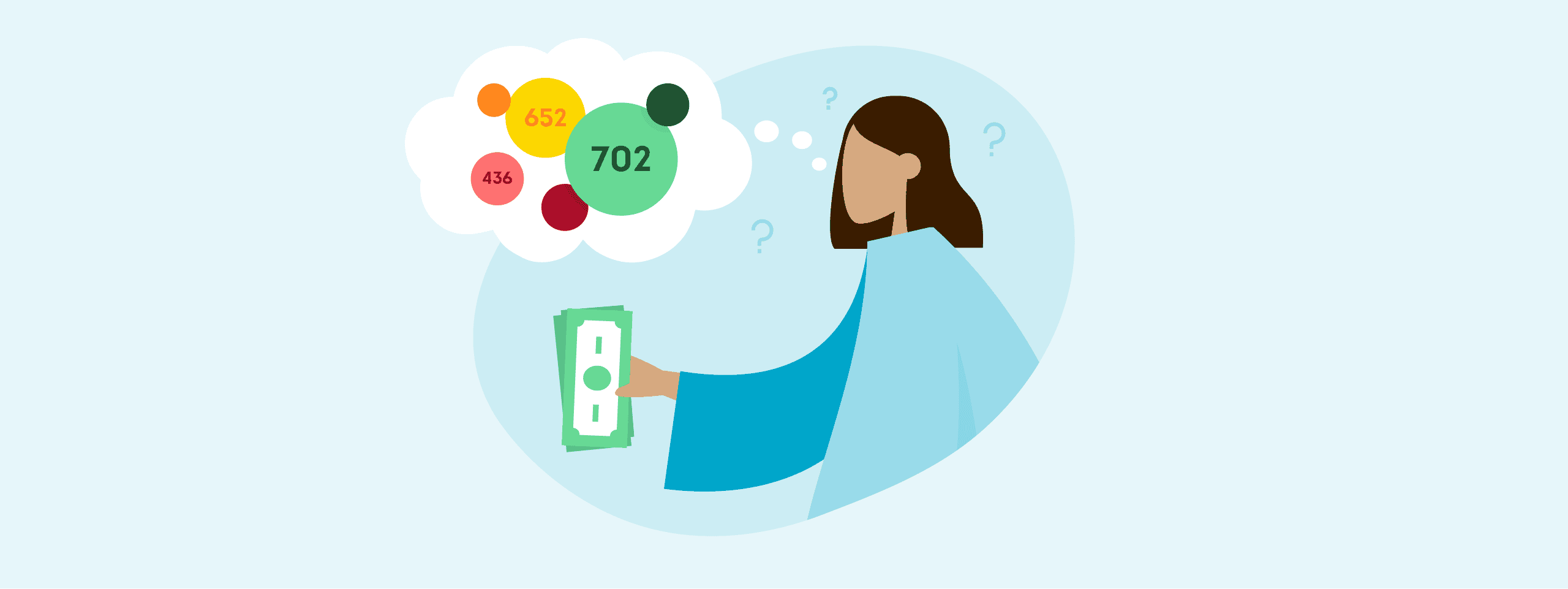 Illustration of a person holding cash and weighing credit scores and the impact of a personal loan.
