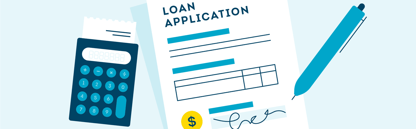 Illustration showing how to apply for a personal loan with application paperwork and calculator