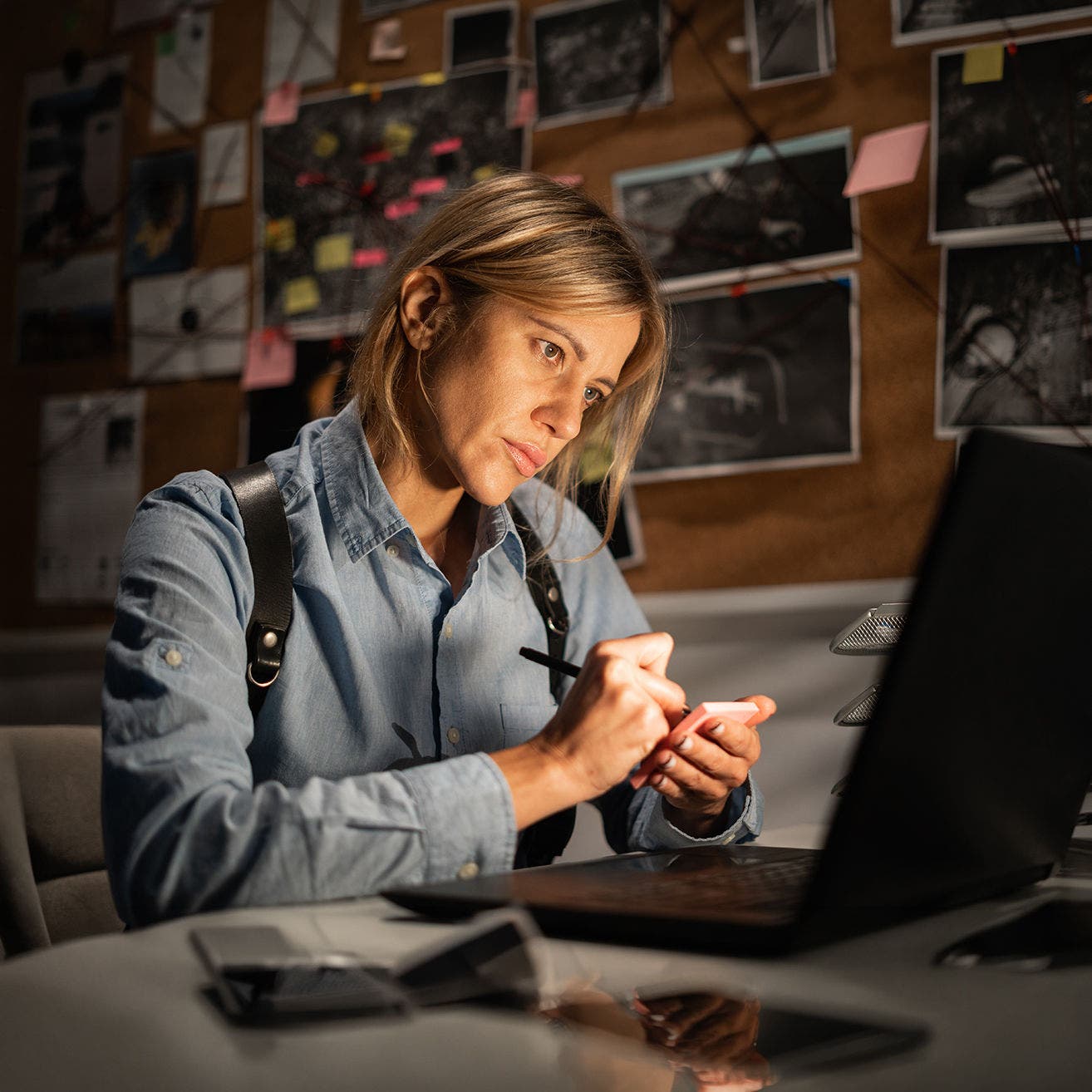Detective processing evidence and working with documents in office. Copy space