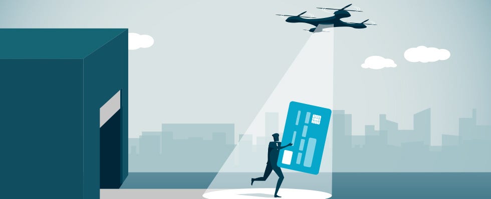 animated man stealing a credit card while being chased