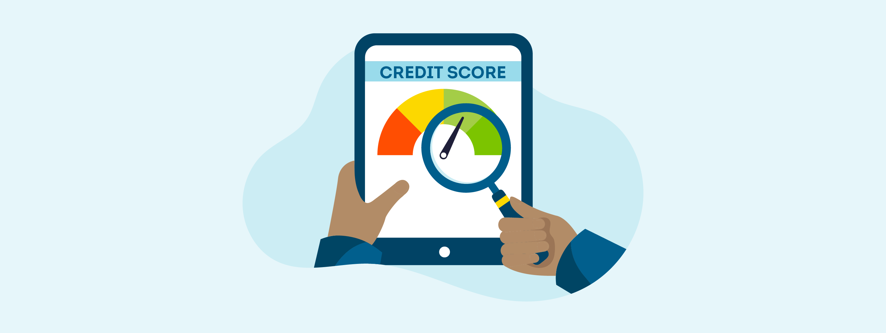 A stylized illustration showing a tablet screen labeled “CREDIT SCORE” with a multicolored gauge ranging from low to high. A hand holds a magnifying glass over the gauge, symbolizing reviewing and analyzing credit score data.