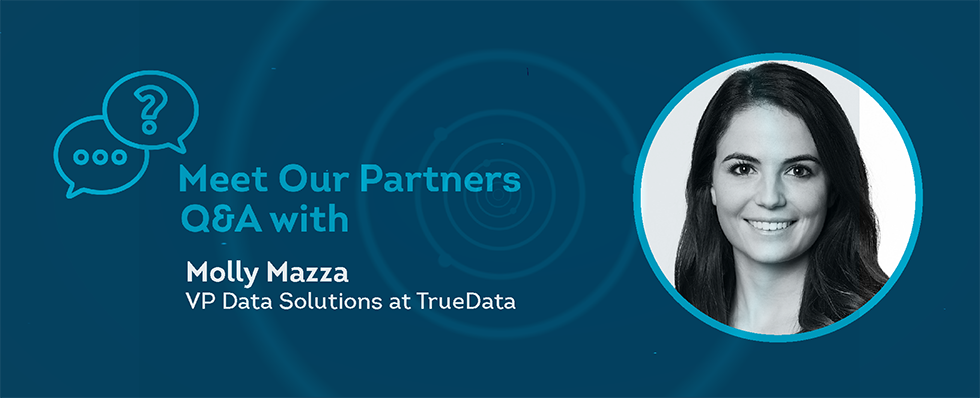 A blue box with text "Meet Our Partners Q&A with Molly Mazza" with black and white image of middle aged woman