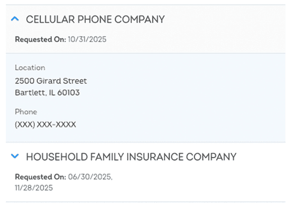 Example of the promotional inquiries section of a credit report showing inquiries generated from pre-screened credit or insurance offers that are not initiated by the consumer and do not affect credit scores.