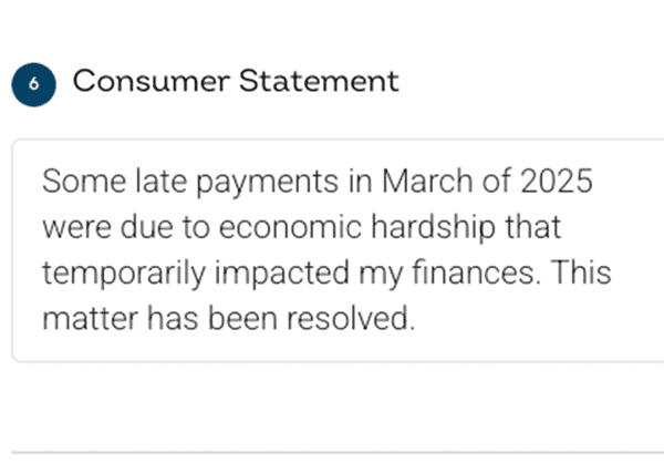 Example of a consumer statement attached to a credit report providing additional context about credit information.