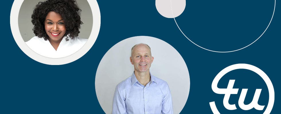 Headshots on abstract background banner image.