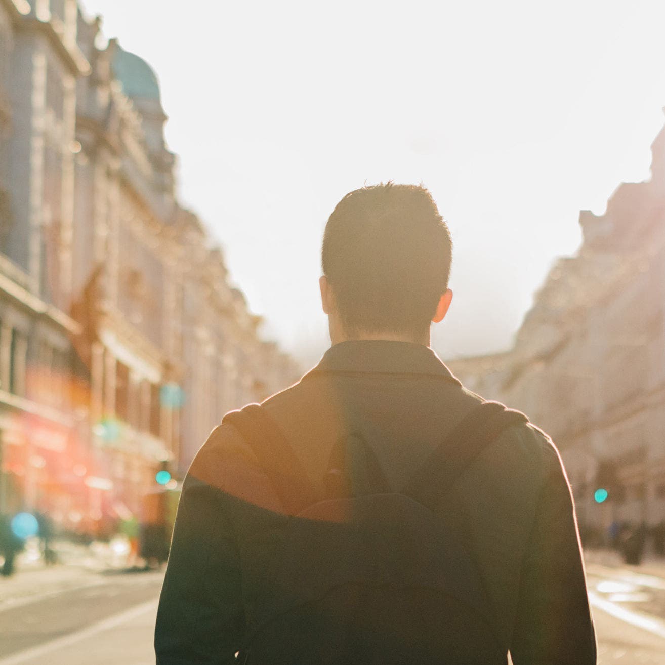 man walking downtown