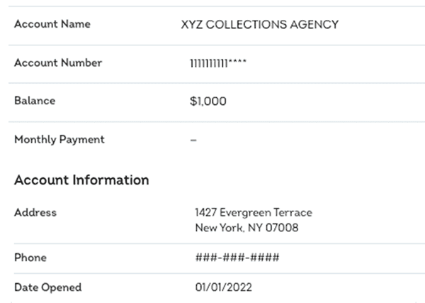Example of a collection account entry on a credit report showing creditor, balance, and collection status.