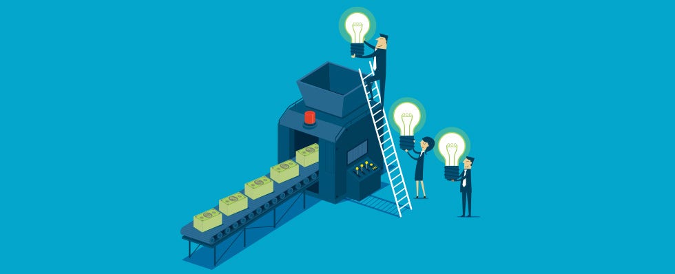 illustration of man on ladder at factory with light bulbs