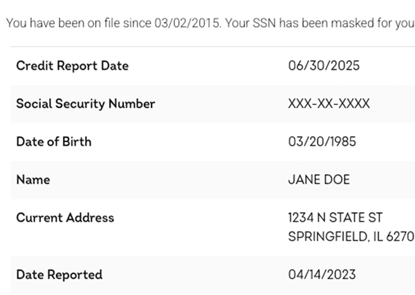 Example of the personal information section of a credit report showing identifying details such as name, address history, and employment information.