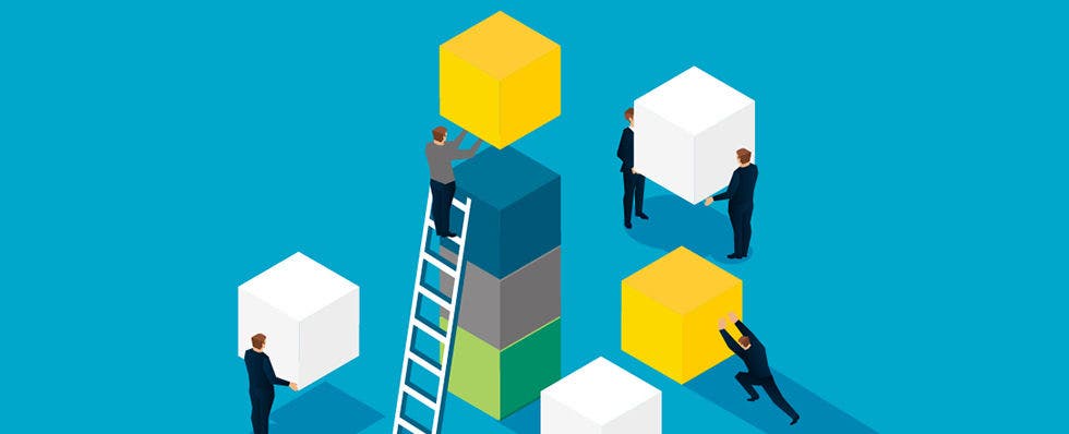 building a budget illustration using people adding blocks to structure