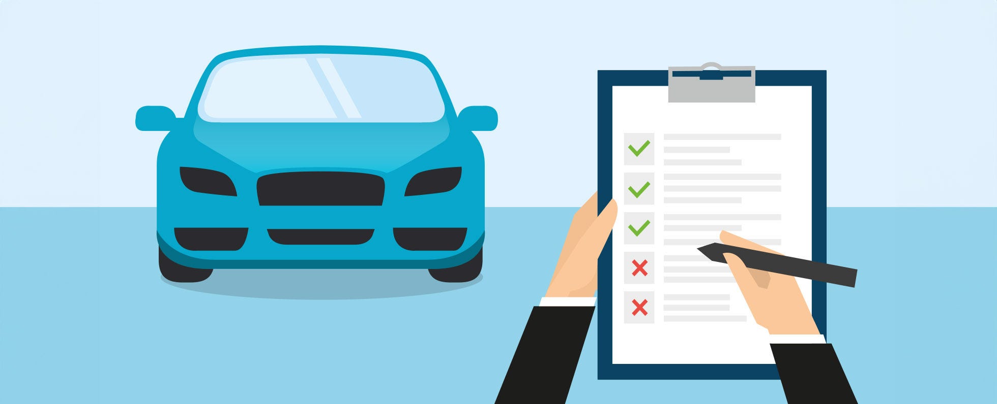 Vector image of blue car with hands holding a checklist on a clipboard. 