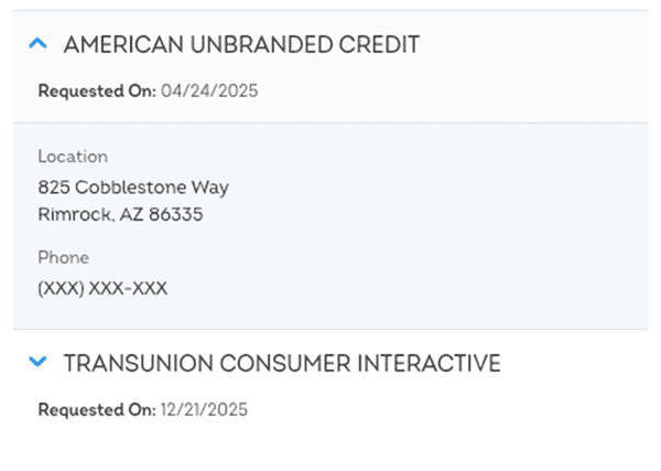 Example of the account review inquiries section of a credit report showing inquiries made by existing creditors to review an account for ongoing account management, eligibility assessments, or credit limit evaluations.
