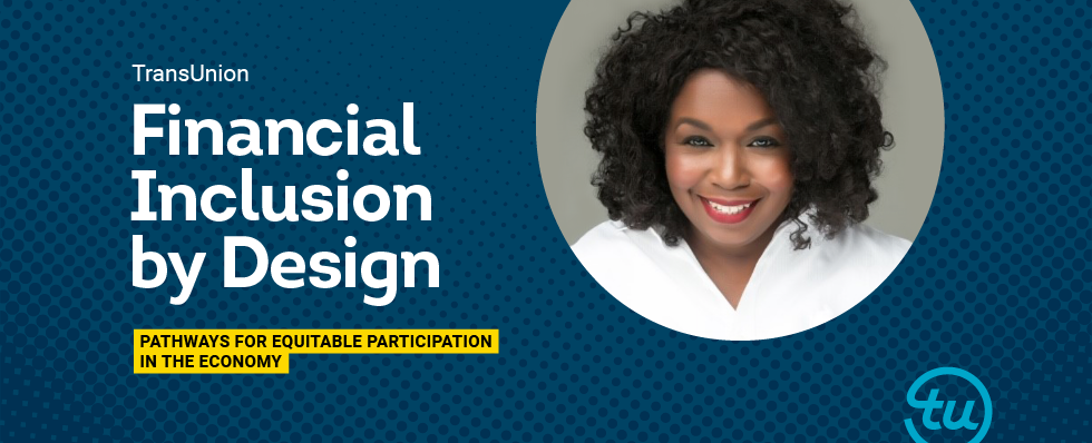 "Financial Inclusion by Design" dark blue banner with headshot