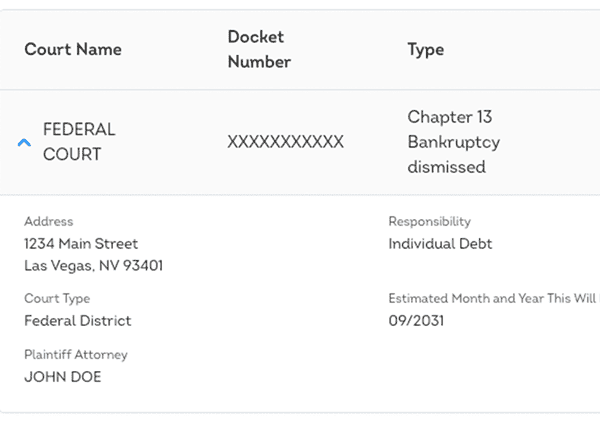 Example of the public records section of a credit report displaying court-related financial records when applicable.