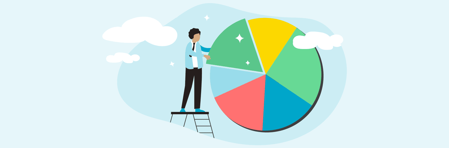 Illustration showing a breakdown of credit score factors using a pie chart to explain how credit scores are calculated.