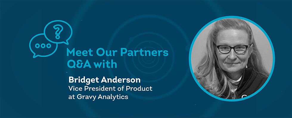 A blue box with text "Meet Our Partners Q&A with Bridget Anderson" with black and white image of woman