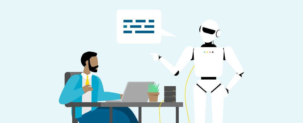 cartoon image of AI robot communicating with man