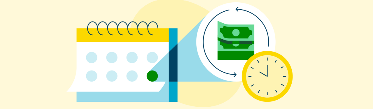 Calendar, clock, and money icons illustrating when to refinance a mortgage