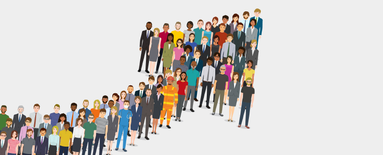A group of animated people form an arrow, pointing upwards