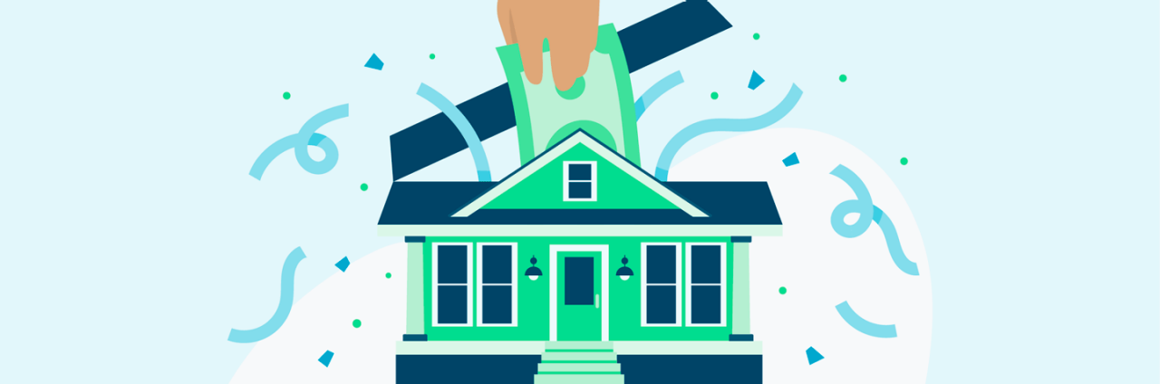 Illustration of a house with a hand placing money on it, representing paying off a mortgage and owning a home outright