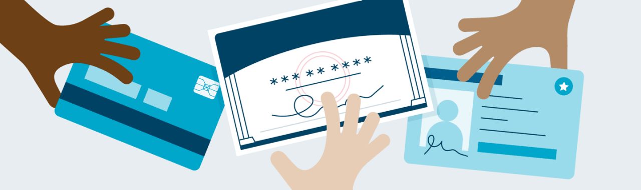 Illustration showing multiple hands reaching toward personal information, including a credit card, login screen, and identification card.