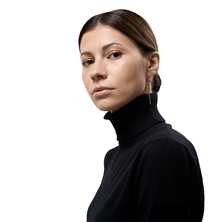 woman with black turtleneck - white background