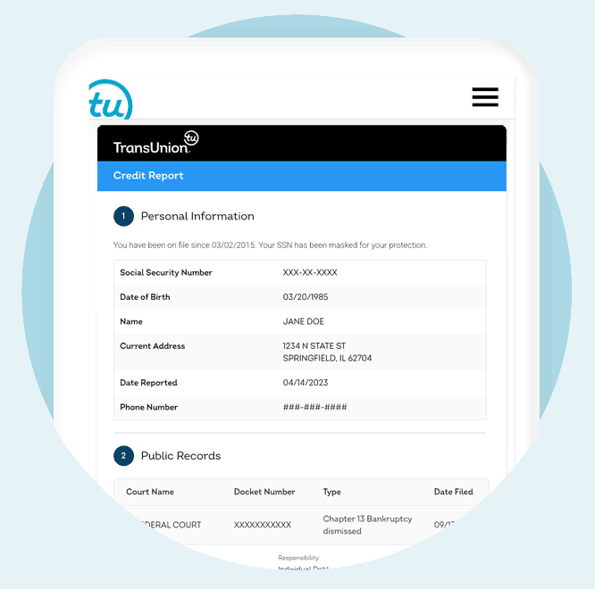 Illustrated credit report example highlighting the sections of a credit report, including personal information, account history, inquiries, and public records