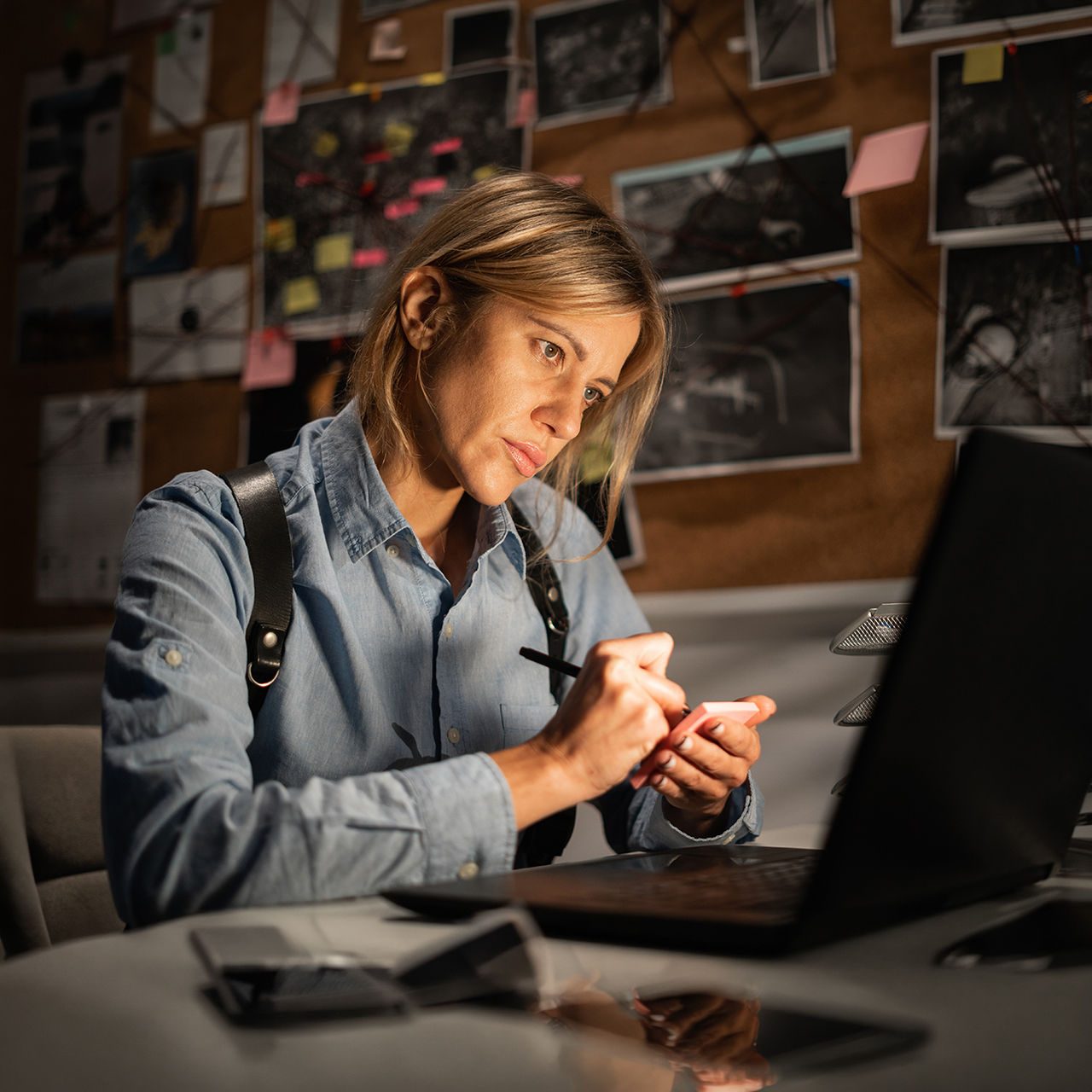 Detective processing evidence and working with documents in office. Copy space