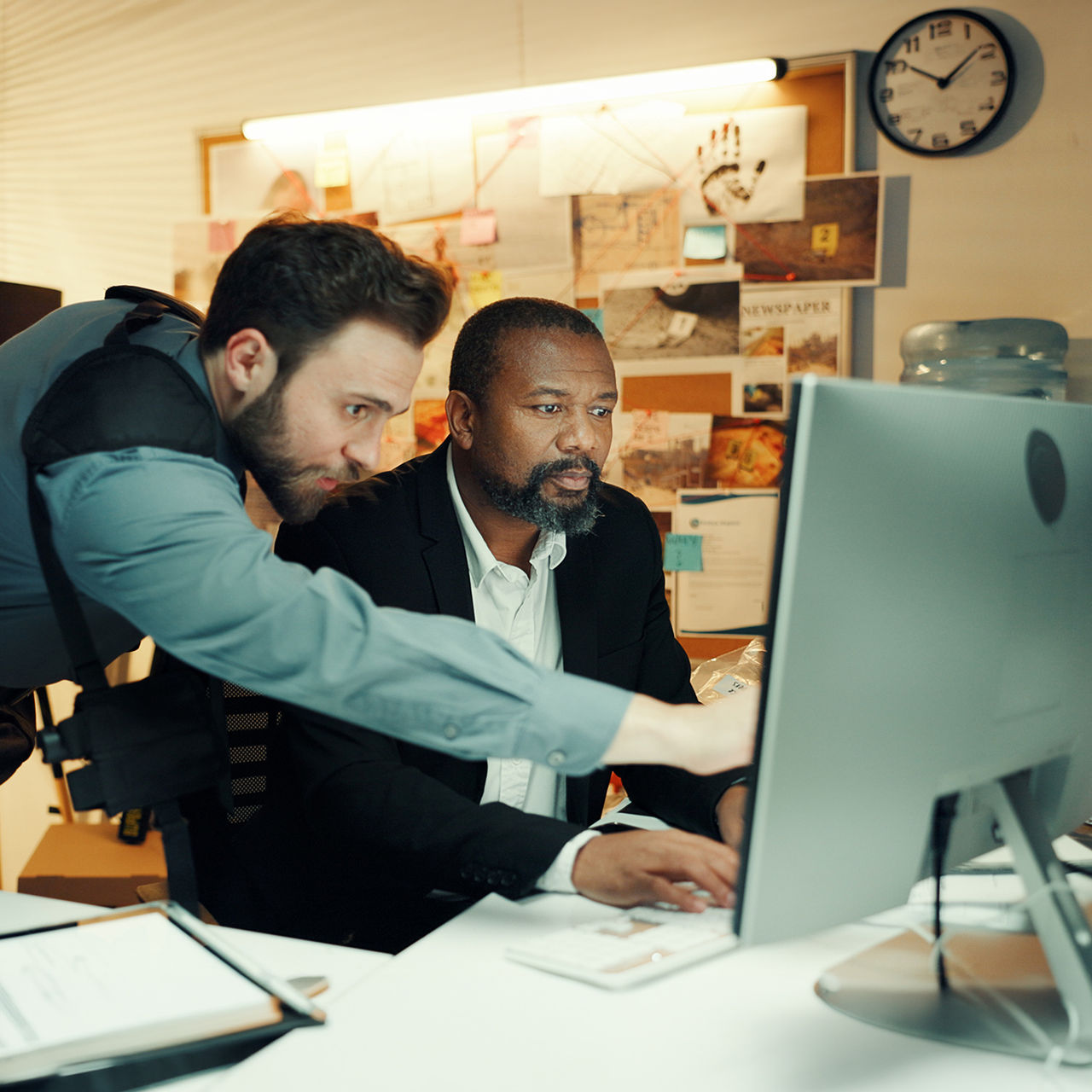 Computer, night and pointing with detective people in office together for crime investigation. Evidence, police work and research with partner men at workplace desk for evening collaboration on case.