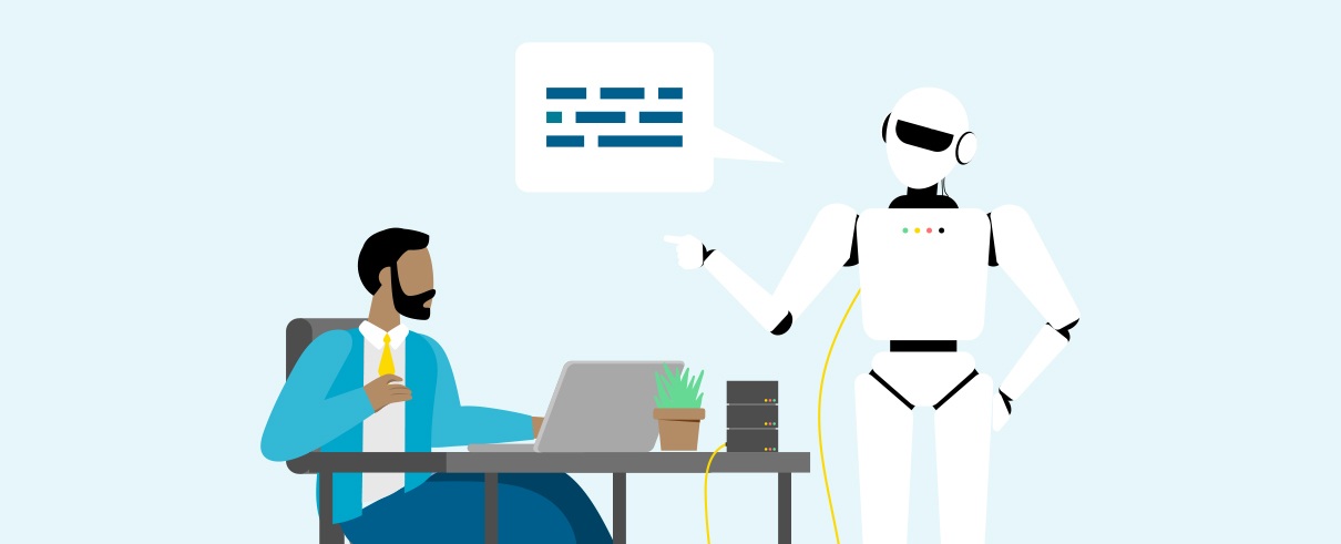 cartoon image of AI robot communicating with man