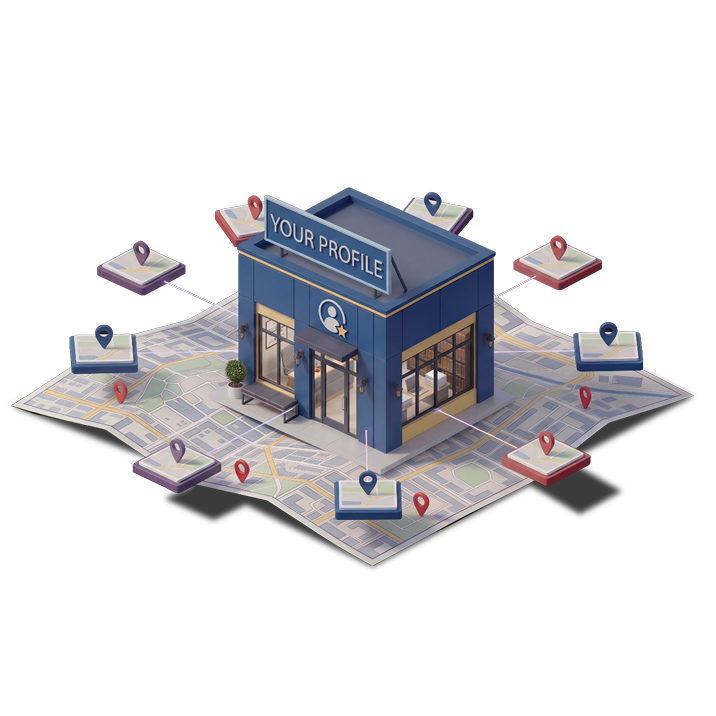 building icon on map with text reading your profile
