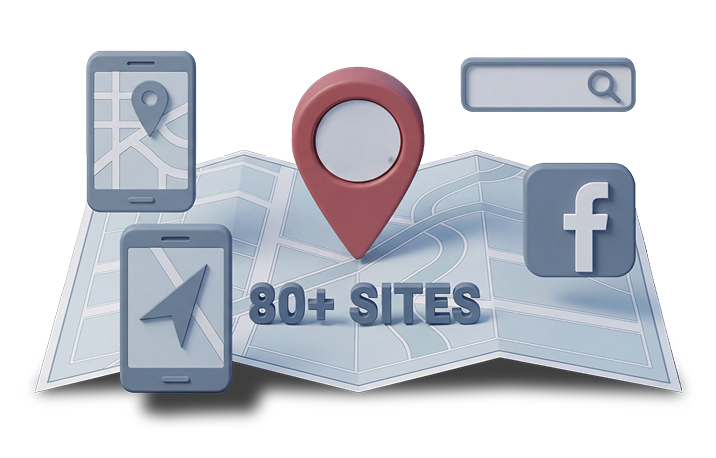 map with social icons and text reading 80+ sites
