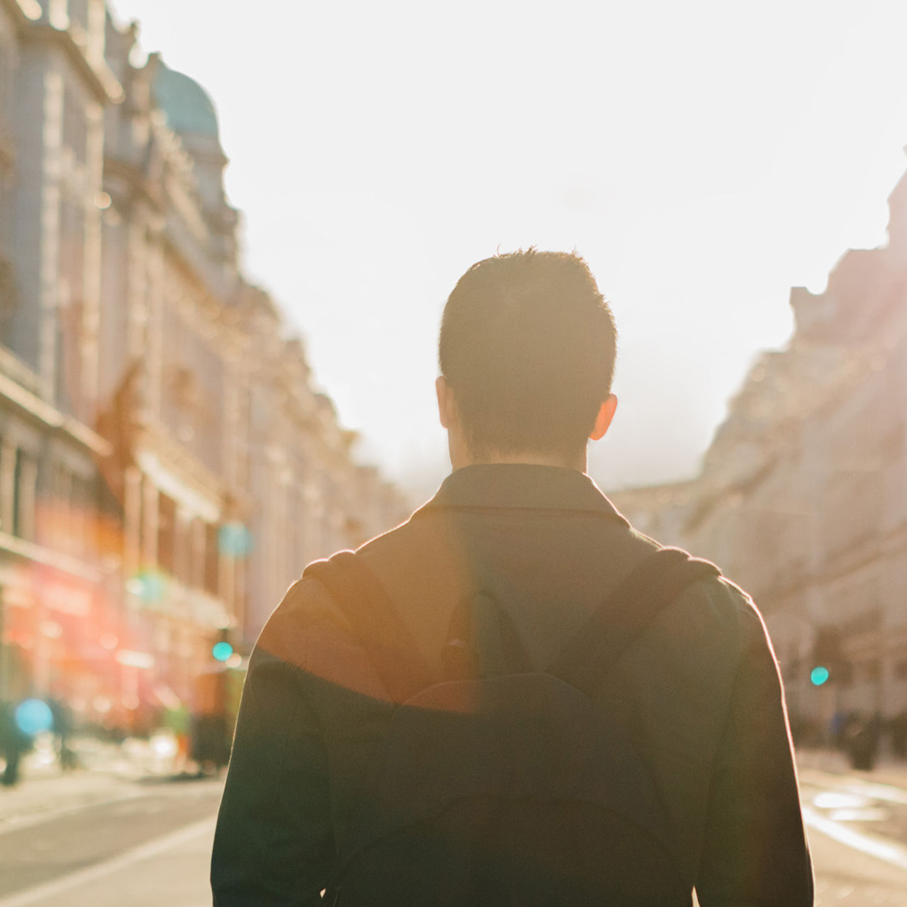 man walking downtown